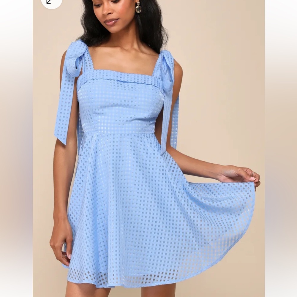Lulu’s NWT Forever Darling Blue Gingham Burnout‎ Tie-Strap Mini Dress Size XL
